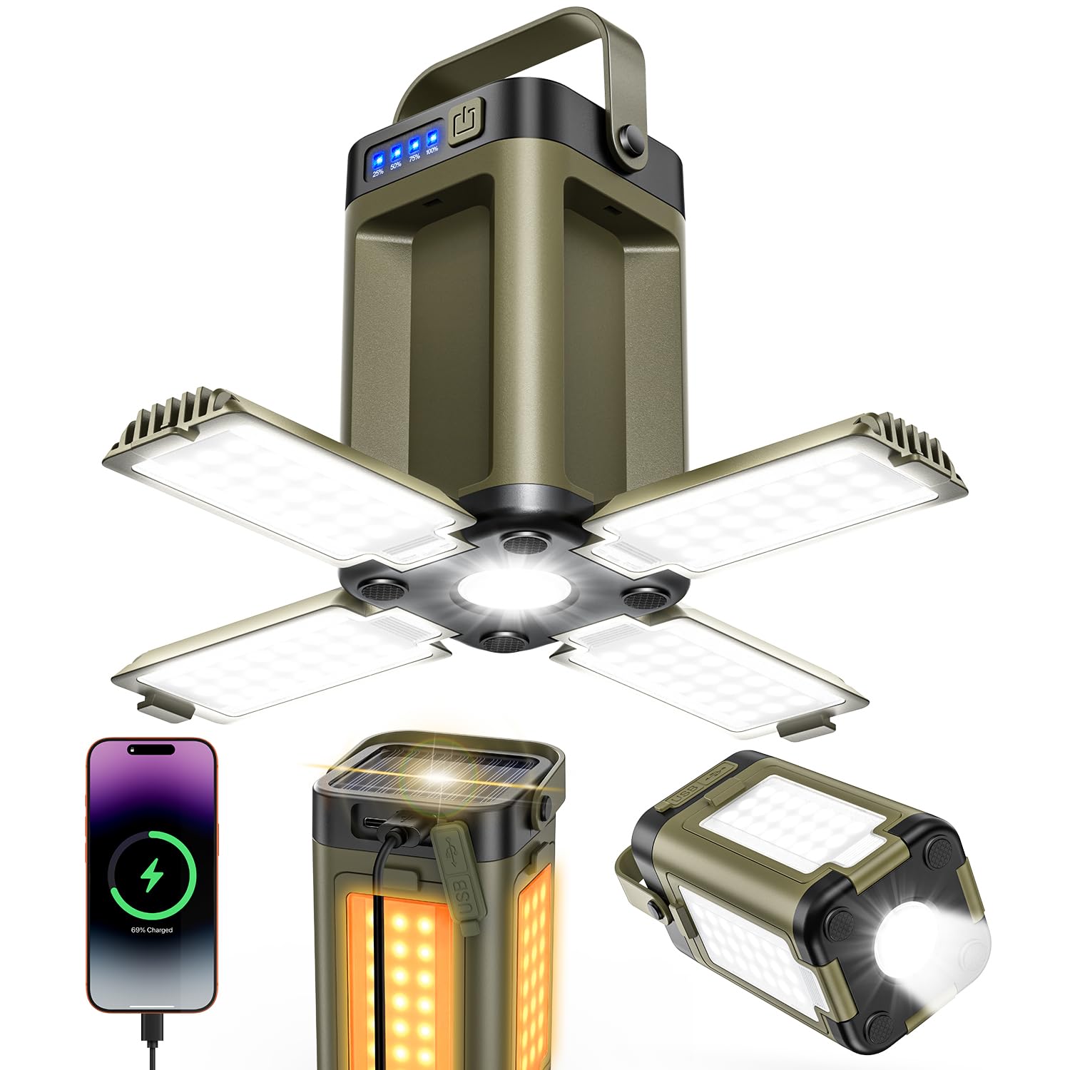 LED ランタン 充電式 2400ルーメン 【2026新生活・ソーラー&USB充電式・超高輝度・5面照射】 キャンプランタン 6000mAh大容量 モバイ