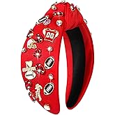 mokkia Football Headband for Women Football Mom Accessories Crystal Rhinestone Jeweled Wide Top Knot Headband Game Day Sports Hair Accessories Gift (Red)