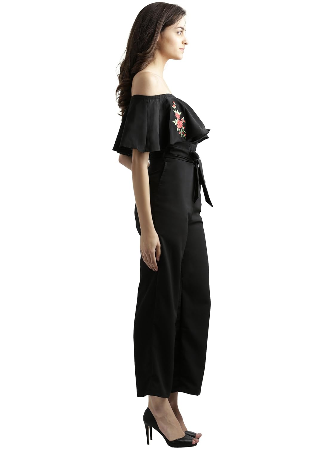 miss chase women's black off-shoulder embroidered jumpsuit