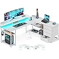 AODK 61" L Shaped Desk with Drawer, Computer Desk with Power Outlets & LED Lights, Reversible Corner Gaming Desk for Home Office Workstation, Office Desk with Monitor Shelf, Pure White