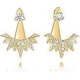 worfey Gold Earrings for Women 14K Gold Studs Earrings for Women Stud Earring for Womens Stud Cubic Zirconia Crown-Like Fan-Shaped Silhouette Dainty Studs Earring for Womens