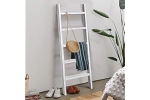NeuType 5-Tier 63" x 22" Blanket Ladder Book Shelves Wood Blanket Ladders for The Living Room Retro White Bookshelf for Kids Bedroom Blanket Ladder Farmhouse