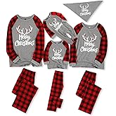 IFFEI Matching Family Pajamas Sets Christmas PJ's with Letter and Plaid Printed Long Sleeve Tee and Bottom Loungewear