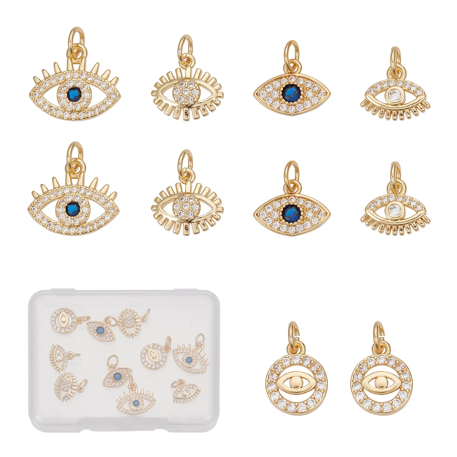 NICENEEDED 10 Pcs 18K Gold Plated Evils Eye Charms, Cubic Zirconia Devil's Eye Enamel Charms Pendants, Turkish Evil Eye Crystal Beads with Jump Rings for DIY Necklace Bracelet Jewelry Making
