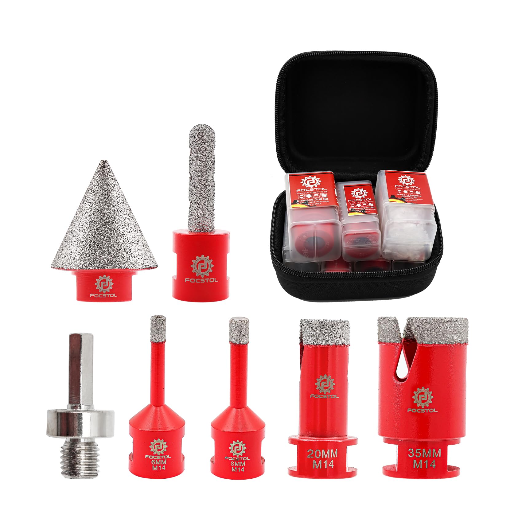 FOCSTOL Diamond Core Drill Bit Set - 7pcs (6/8/20/35mm+10mm Finger Milling Bit+35mm Beveling Chamfer Bit+HEX) Diamond Hole Saw Kit for Porcelain Ceramic Tile Marble Granite
