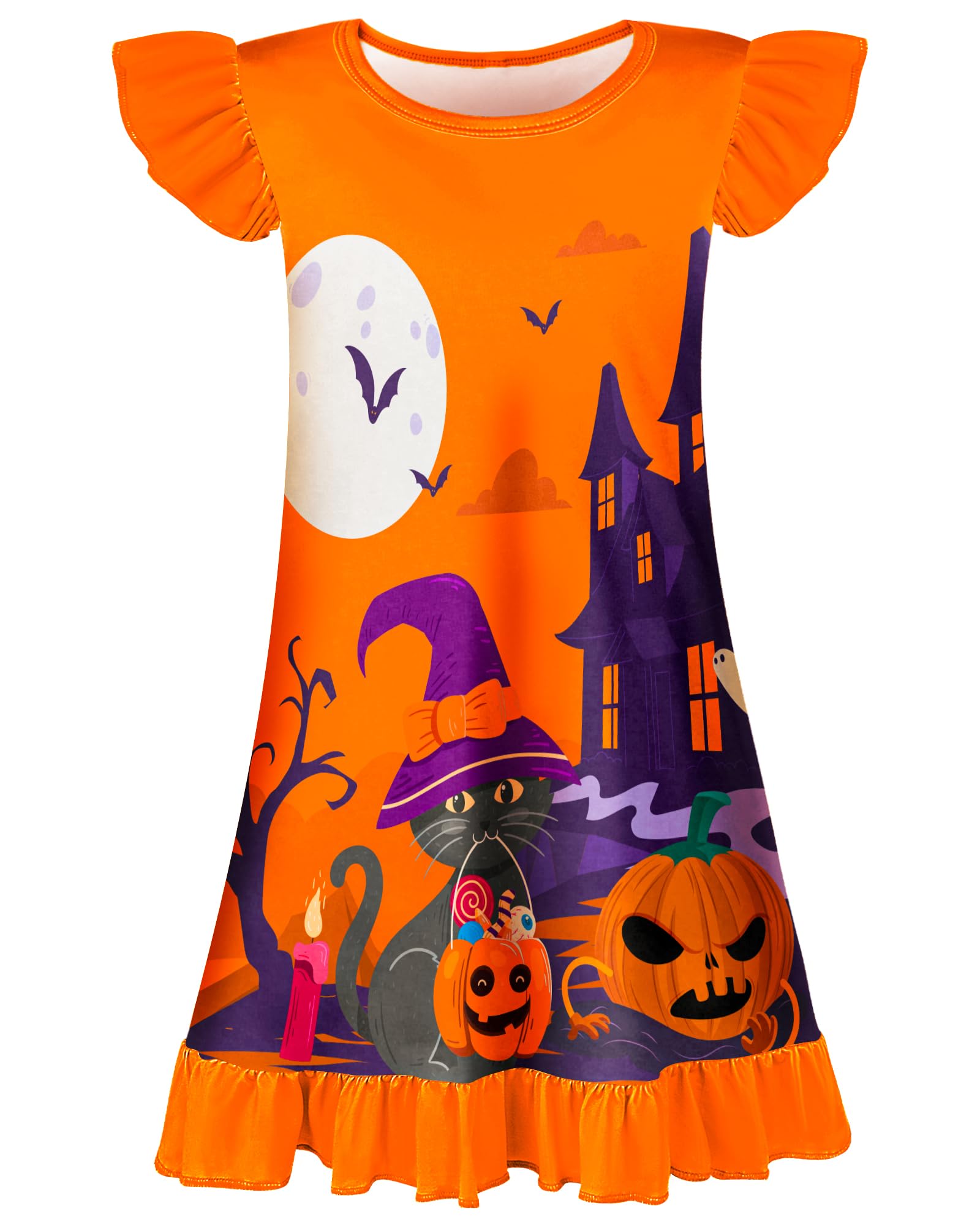 Photo 1 of Sylfairy Girls Halloween Nightgown, Cat Toddler Nightgown Princess Pajama Dresses for Girls Sleepwear Nightie Orange 8 Years 9 Years