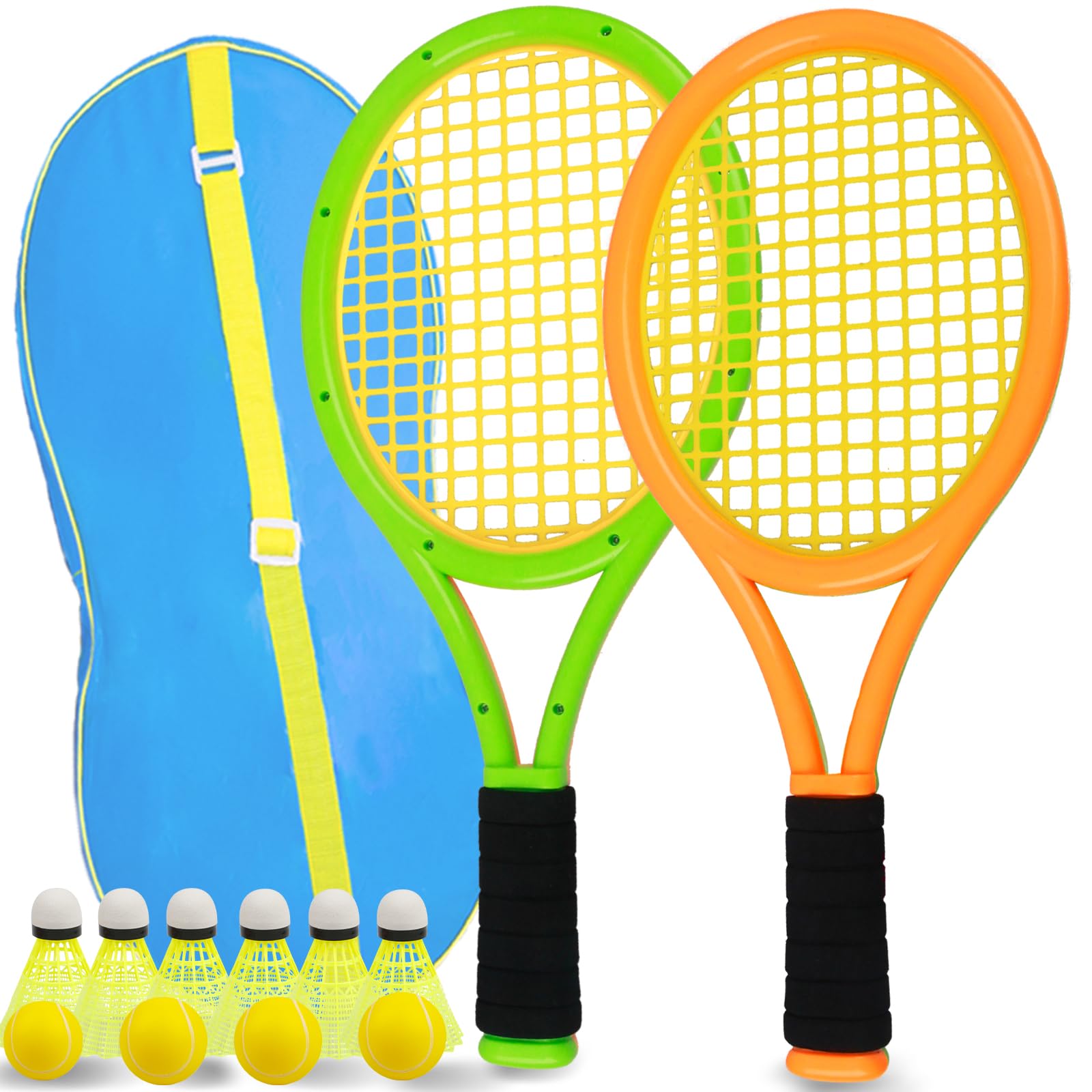 JHuiLap Kids Tennis Racket Set With Carry Bag Includes 2 Safe Plastic Rackets (17 Inch), 4 Sponge Balls & 6 Shuttlecocks, Lightweight for Children Indoor/Outdoor Sports (Orange&Green)
