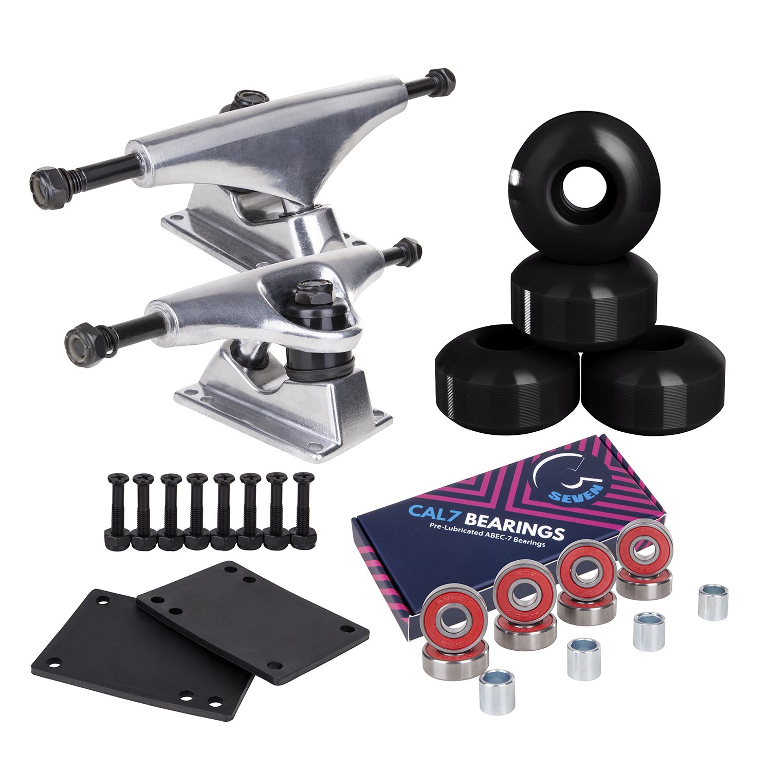 Cal 7 5.0 Inch Skateboard Trucks, 52mm Wheels, Plus Bearings Combo Set (Silver Truck + Black Wheels)