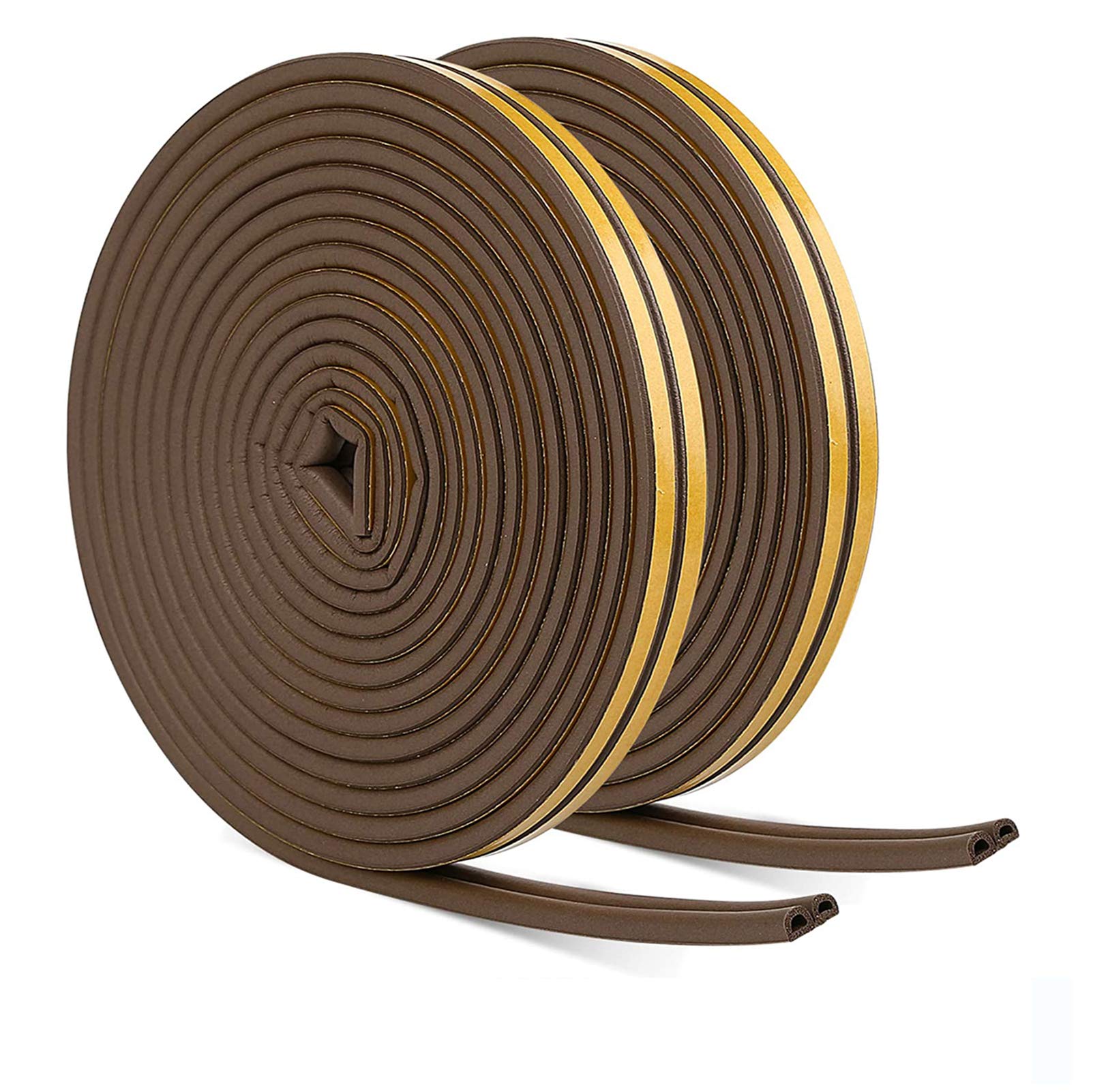 JEMESI Window Draught Excluder Tape D Type Self-Adhesive Waterproof Excluder Strip Foam Seal Soundproofing Avoidance Rubber Weatherstrip 9mm(W) x 6mm(T) X 5 Meters, 4 Seals Total 20M（Brown)