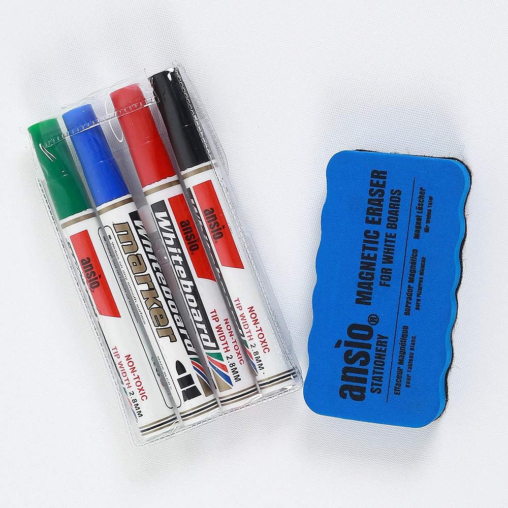 ANSIO Whiteboard Pens Set with Magnetic Eraser - 4 Assorted Colors
