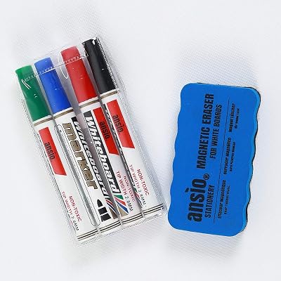 ANSIO Whiteboard Pens Set with Magnetic Eraser - 4 Assorted Colors