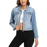MISS MOLY Jean Jacket Women’s Frayed Washed Button Up Cropped Denim Jacket w 2 Side Pockets
