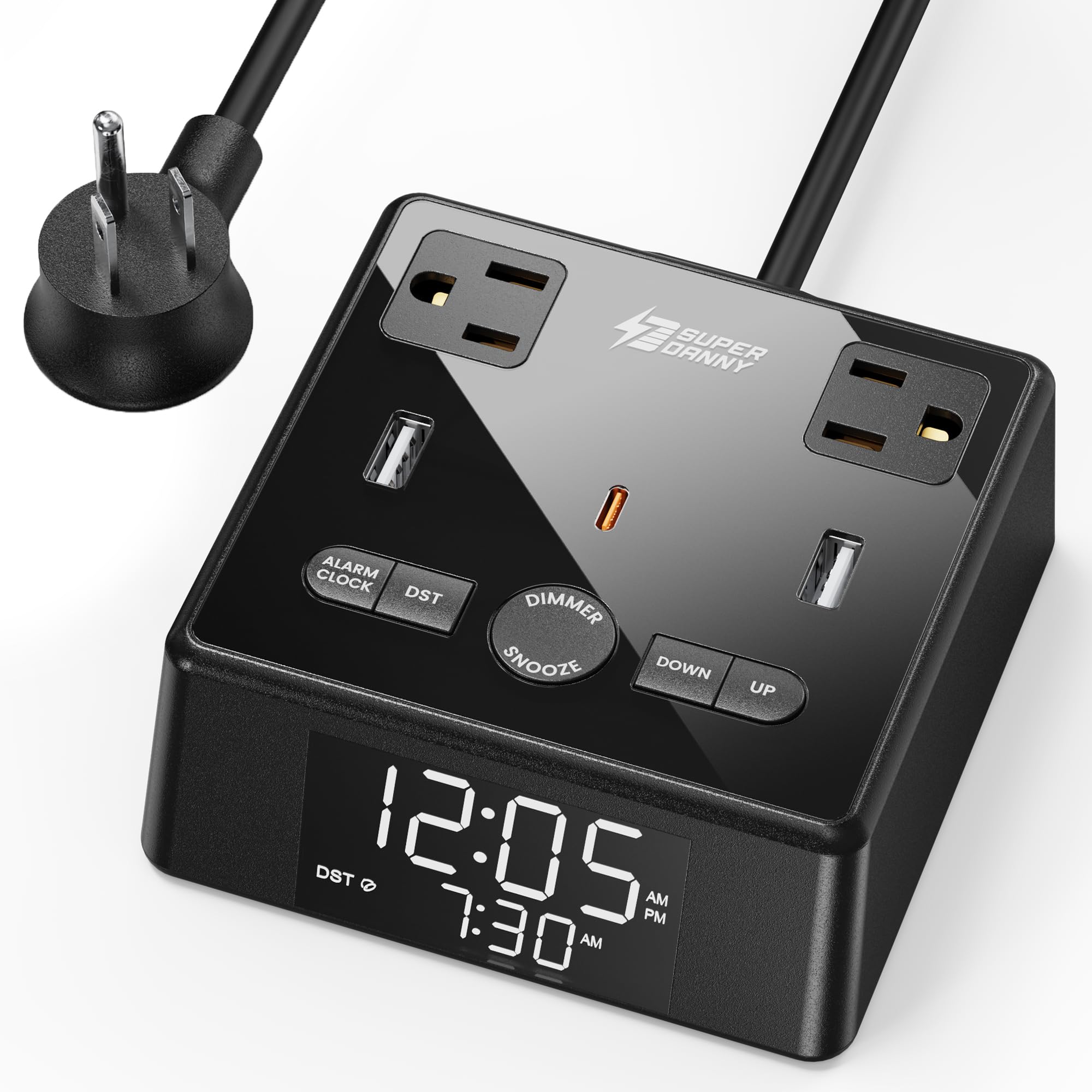 Photo 1 of Digital Alarm Clock with 3 USB Charger, SUPERDANNY Desk Charging Station 2 AC Outlets, 6.5ft Cord, Power Strip Surge Protector 1700J, LCD Display, Easy Alarm Setting for Bedroom Dorm Room Hotel, Black