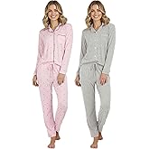 Real Essentials 2 Pack: Women's Soft Pajama Set | Button Down Top and Lounge Sleep PJ Pants | Matching Sleepwear (Plus Size)
