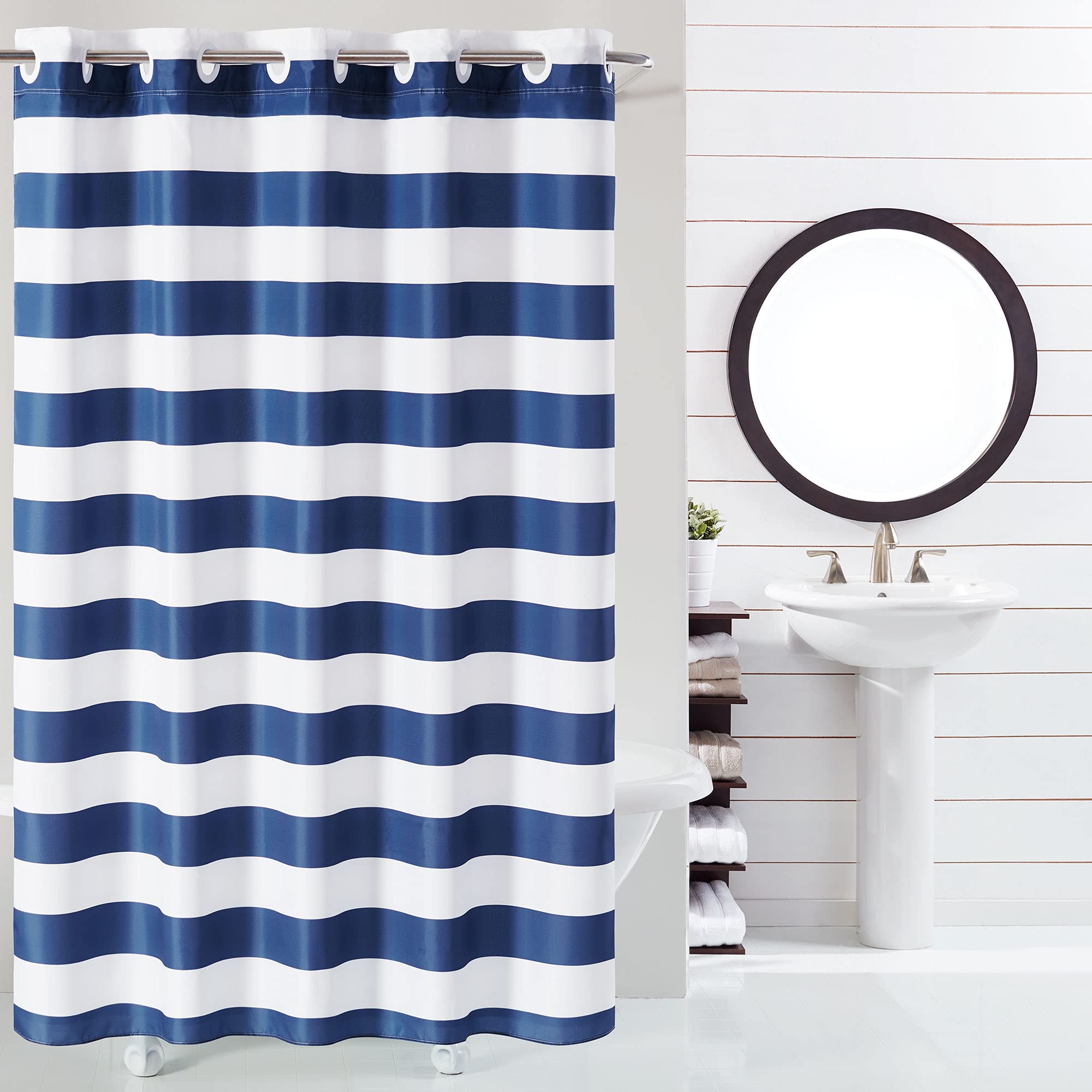 Hookless It's A Snap! Cabana Stripe 71" x 74" Shower Curtain in Navy