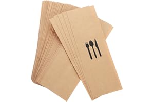 JEWEDECO 100pcs Kraft Paper Cutlery Bags Disposable Flatware Holders with Lamination for Dining Table Decor