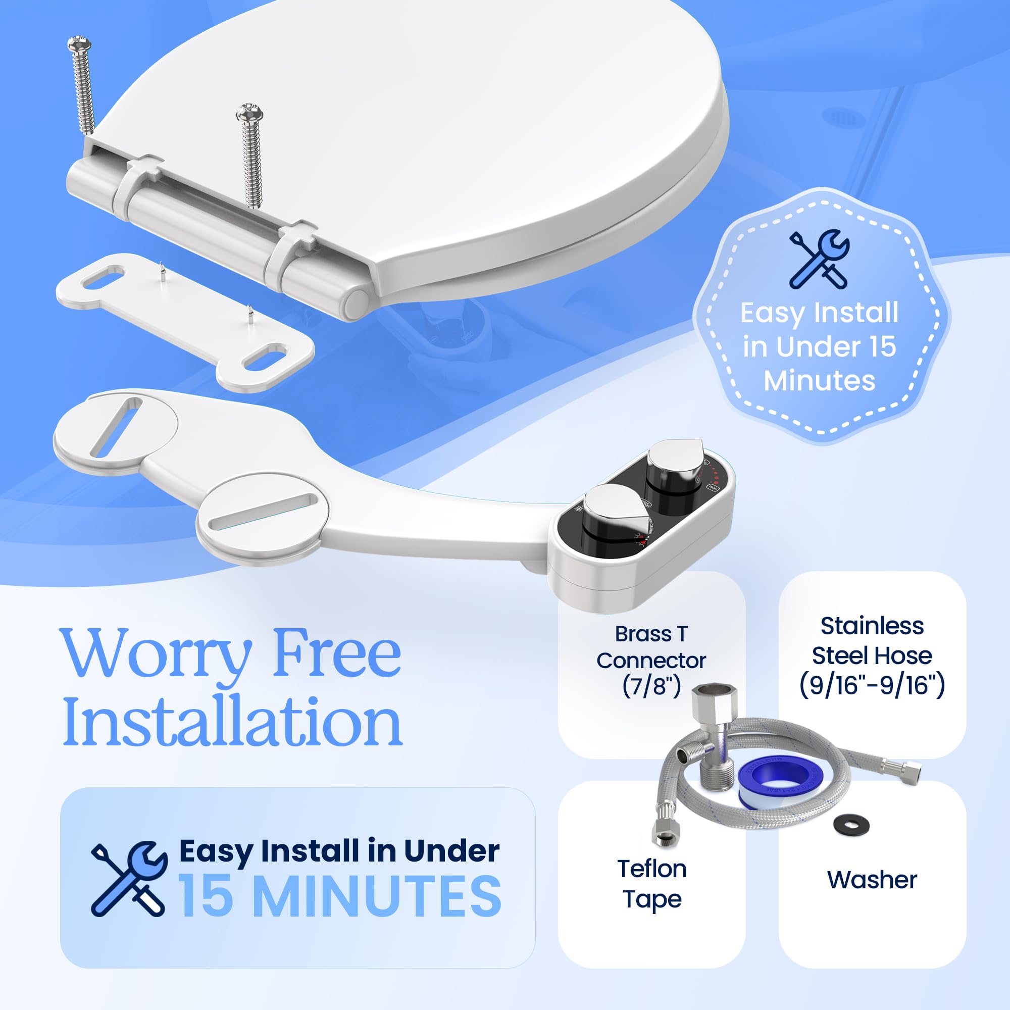 CLEAR REAR Bidet Attachment for Toilet Seat - Non-Electric, Self-Cleaning Dual Nozzle, Adjustable Water Pressure, Rear & Feminine Wash Hygienic Bathroom Upgrades - Fits Elongated Toilets (White)