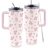 TNASURHUS 40 Oz Rose Tumbler Gifts for Women, Pink Rose Flower Water Bottle with Handle and Straw, Stainless Steel Coffee Travel Mug Cup, Christmas Birthday Gifts for Her, Daughter, Friends
