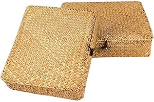 jojofuny 2pcs Seagrass Woven Storage Baskets with Lids Decorative Flat Storage Bins for Home Organization