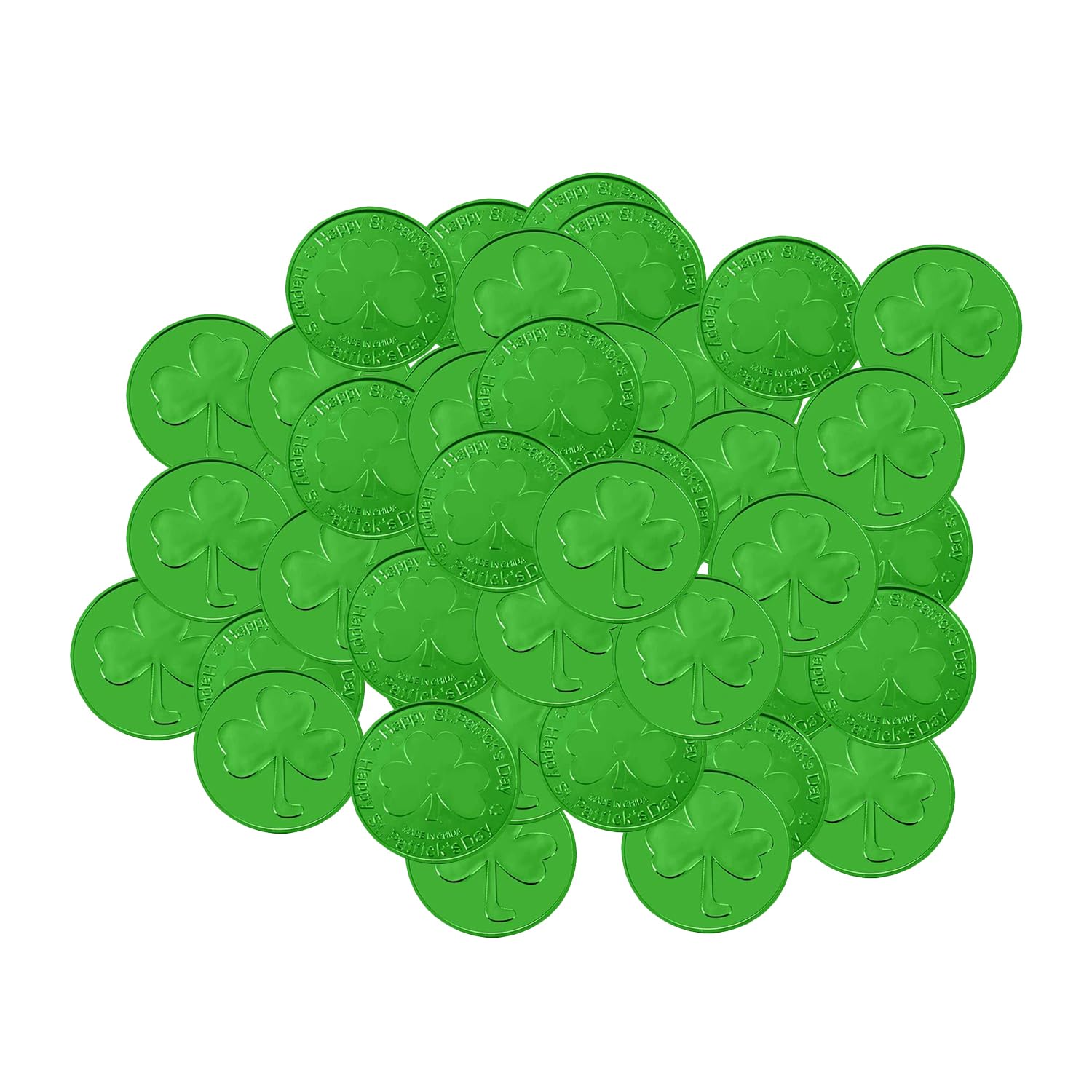 Lezevn 48pcs St. Patrick's Day Coins Green Plastic Shamrock Tokens Lucky Leprechaun Coins for Irish Party Supplies St. Patrick's Day Decor