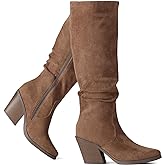 Putu Women's Pointed Toe Knee High Boots Faux Suede Stacked Chunky Heel Boots Side Zipper Slouchy High Boots