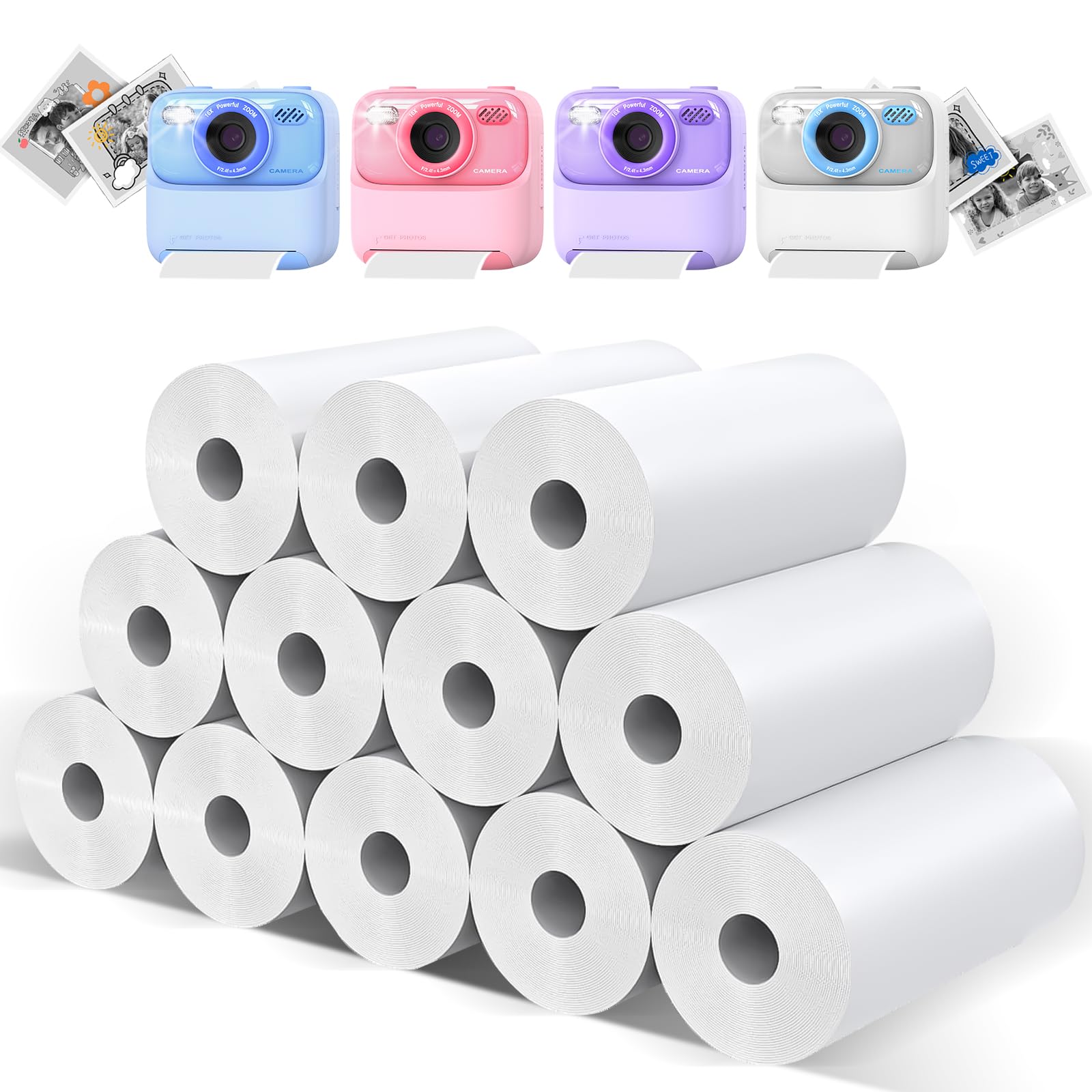Printer Paper for Kids Camera Instant Print, Photo Printer Paper, Refill Thermal Printer Paper, 5700mm*56mm x 12 Rolls