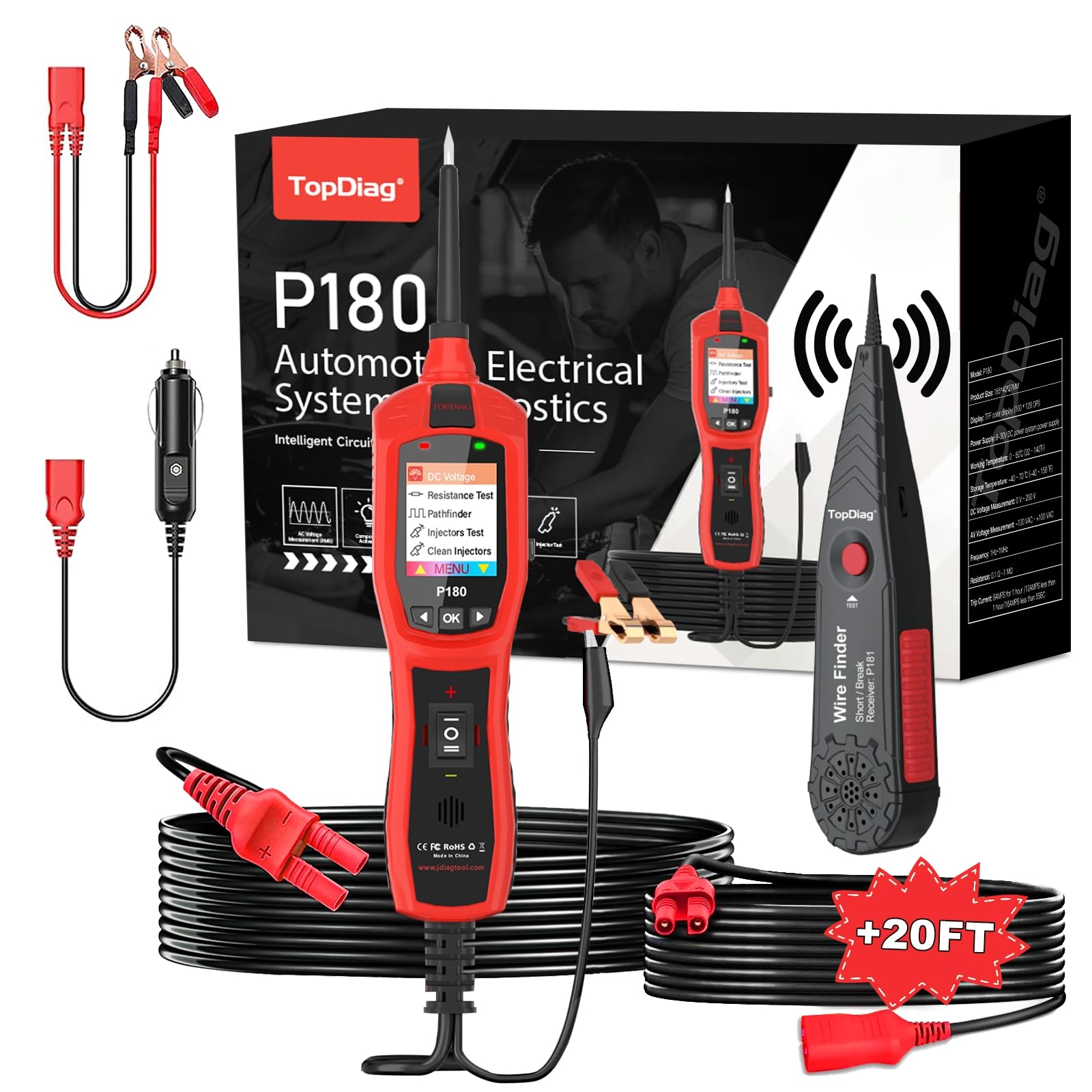 Circuit Breaker Finder Tool, Battery Tester, AC DC Voltage Tester, Fuel Injector Tester, 9V-30V Automotive Circuit Tester with 40FT Cable, P180 Image