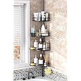 Adjustable Tension Pole Shower Caddy: Rustproof Corner Bathroom Organizer | 4-Tier 31-124" No Drill Standing Shelves Fits Apartments Rentals Bathroom Bathtub, for Shampoo, Conditioner, Bath Essentials