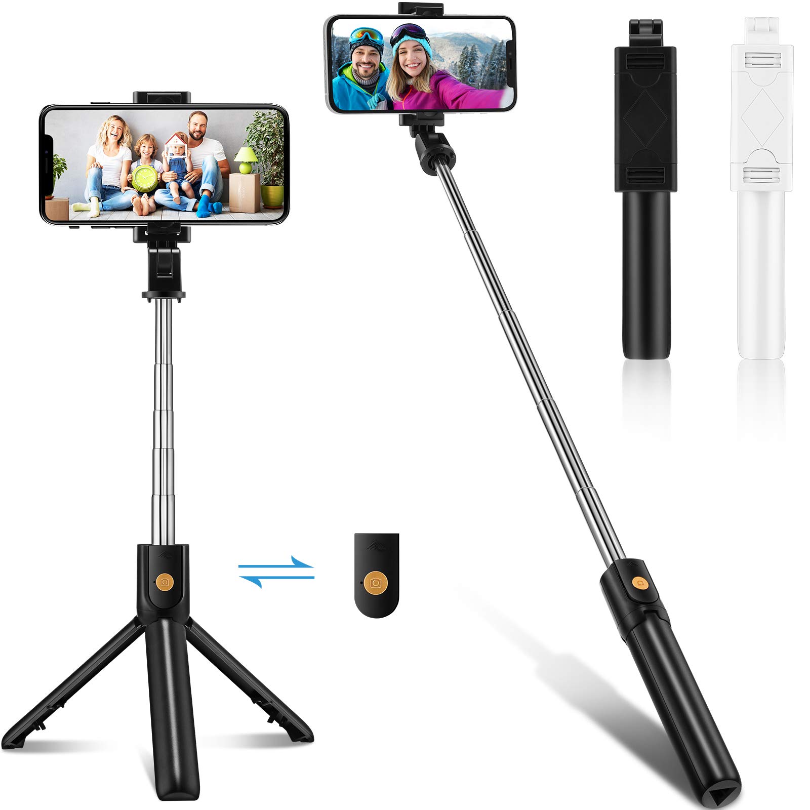 2 Pieces Selfie Tripod Stick All in One Extendable Selfie Phone Tripod Stand Portable Phone Tripod with Wireless Remote 270 Degree Rotation for Cell Phones (Black, White)