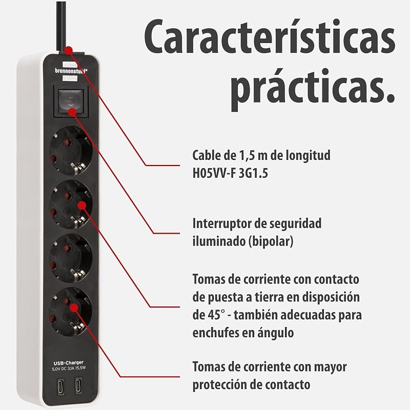 Ecolor Regleta de enchufes de 4 vías con Enchufe USB (Regleta con 2X USB C, Interruptor y Cable de 1,5m) Blanco/Negro