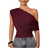 Milumia Women's Off The Shoulder Ruched Draped Mesh Top Asymmetrical Sleeveless Party Club Crop Tops