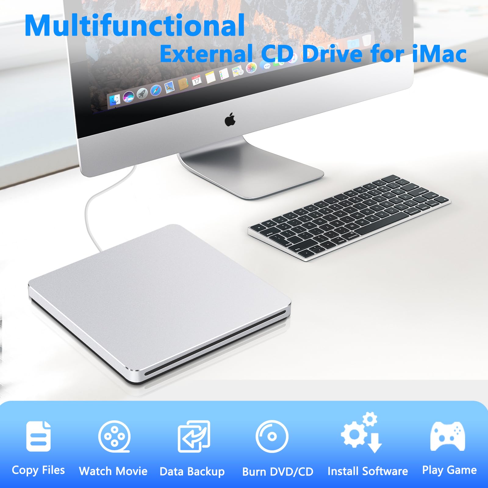 Guamar External CD Drive for Mac: USB 3.0 Superdrive for Apple MacBook - Slim & Portable Slot-in DVD Burner for Laptop PC Windows with USB-C Adapter - Plug & Play Aluminum (Silver)