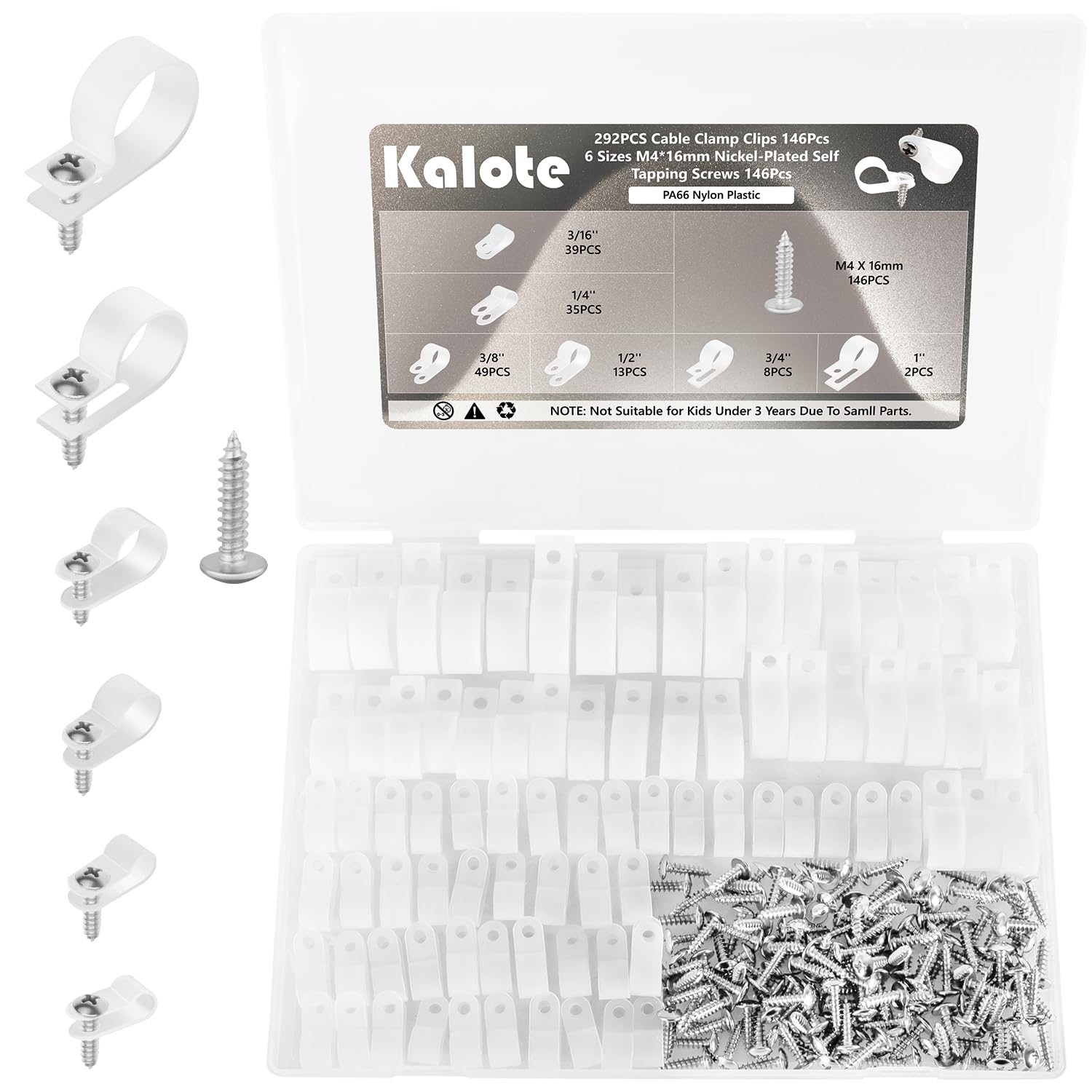 292PCS Cable Clamps, Cable Clips for Cable Management Cord Organizer, 6 Sizes-3/16'' 1/4'' 3/8'' 1/2'' 3/4'' 1'' White PA66 Nylon R-Type Plastic Screw Mounting Cord Clamp Assortment Kit with M4 Screws