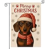 HOMETITUTE Merry Christmas Dachshund Garden Flag Double Sided 12x18 Inch Burlap Dog Garden Flag Red Hat Scarf Seasonal Banner for Indoor and Outdoor Decoration Yard Lawn Decor