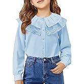 Girls Eyelet Ruffle Collar Blouse Kids Long Sleeve Button Down Shirt Cute Uniform Tops 5-14 Years