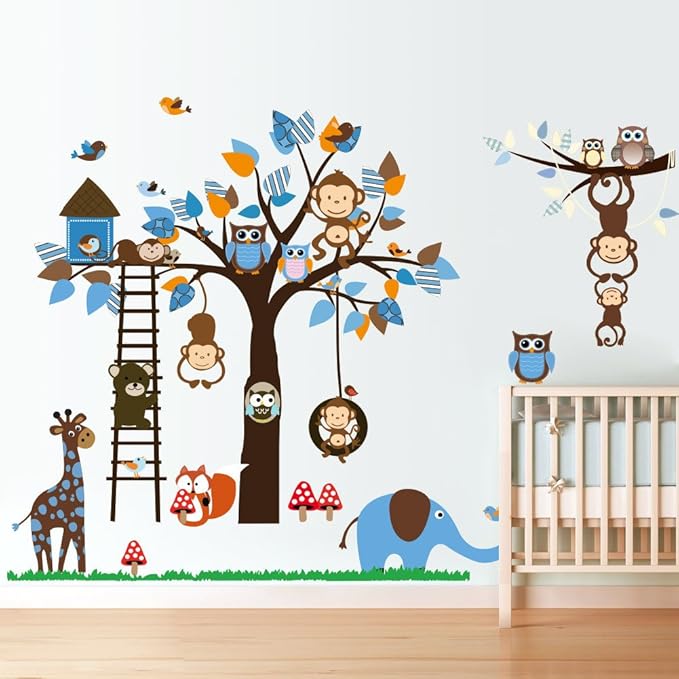 Stickers Muraux Sticker Mural Grand Arbre Colore Plantes De La Jungle Hiboux Sur La Branche Darbre Fleurs Murales Squirrel Zebra Giraffe Animal World Pour Chambres Salon Pepiniere Bebe Bebe Puericulture Accessoires
