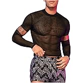 SHENHE Men's Cut Out Sheer Mesh Crewneck Long Sleeve Fitted Crop Tee Shirt Party Top