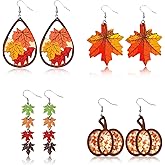 BOARDFEB 4 Pairs Fall Autumn Thanksgiving Earrings, Metal Red Maple Leaf Earrings Jewelry Accessories Leather Pumpkin Maple Leaf Shape Thanksgiving Celebration Party Fashion Autumn Pendant Fun Hook Earrings