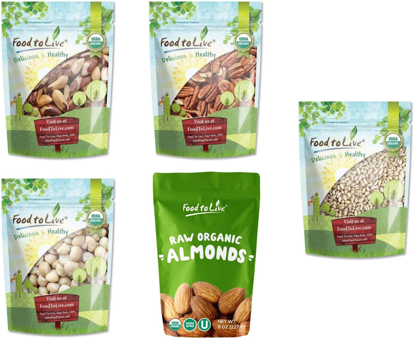 Food to Live Organic Nutritious Nuts in a Gift Box - A Variety Pack of Pecans, Brazil Nuts, Macadamia Nuts, Pine Nuts and AlmondsUSDA Organic