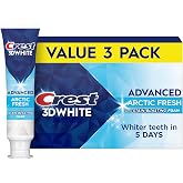 Crest 3D White Advanced Toothpaste, Arctic Fresh, 3.3 oz (Pack of 3), Whiter Teeth in 5 Days, Enamel Safe Fluoride Anticavity Toothpaste for Stain Removal and Prevention