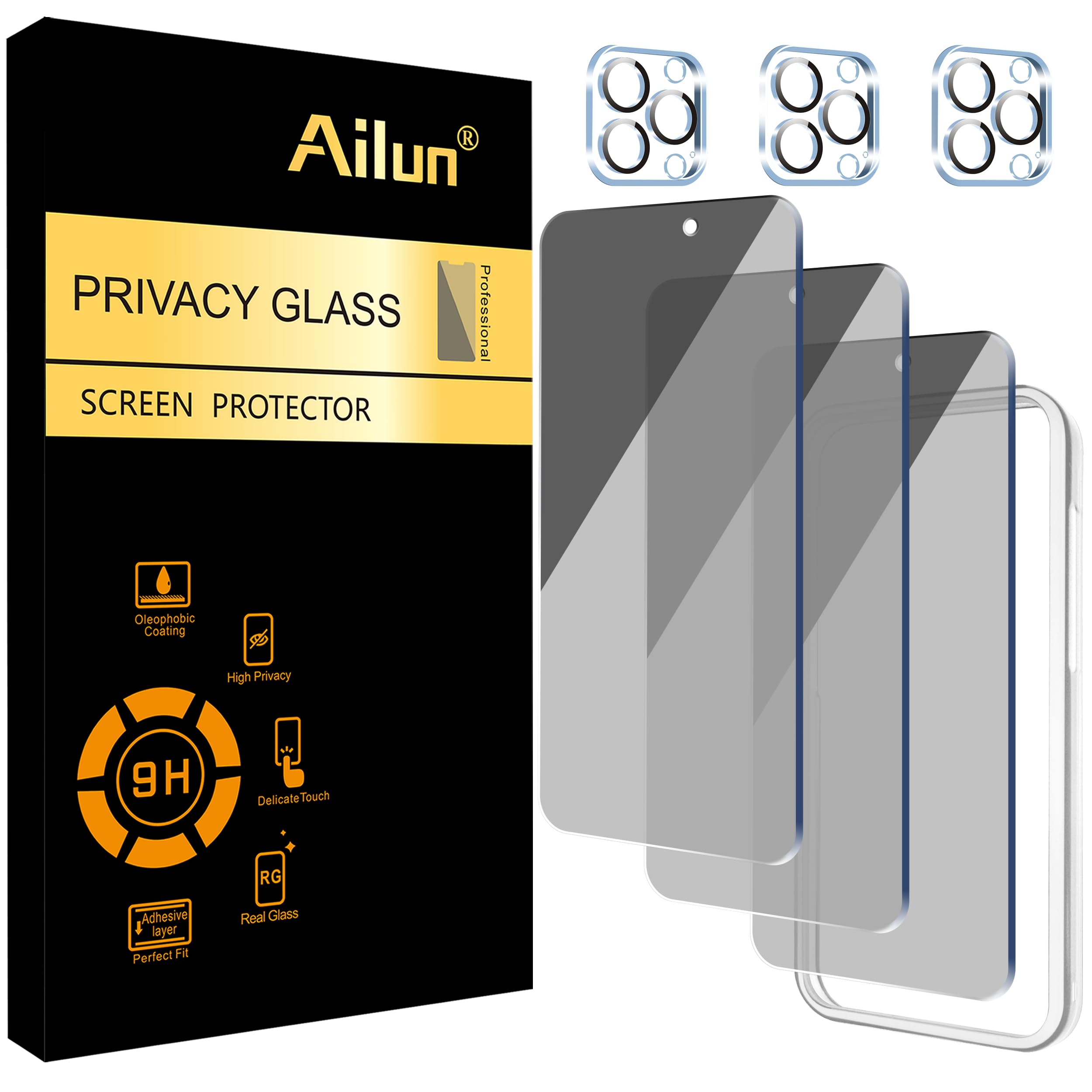 Photo 1 of Ailun 3Pack Privacy Screen Protector for iPhone 15 Pro Max [6.7 inch]+3Pack Camera Lens Protector with Installation Frame,Dynamic Island Compatible,Anti Spy Tempered Glass[9H Hardness]-HD