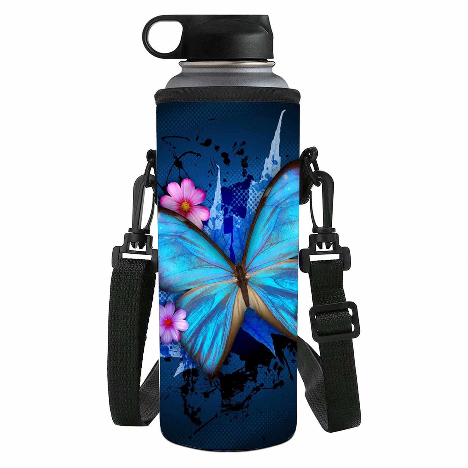 NETILGEN Blue Butterfly Water Bottle Sleeve Pouch Neoprene Insulated Pack Crossbody Bag Women Girls Gym Travel Bottle Protector Holder Bags for Stainless Steel,Plastic Bottles