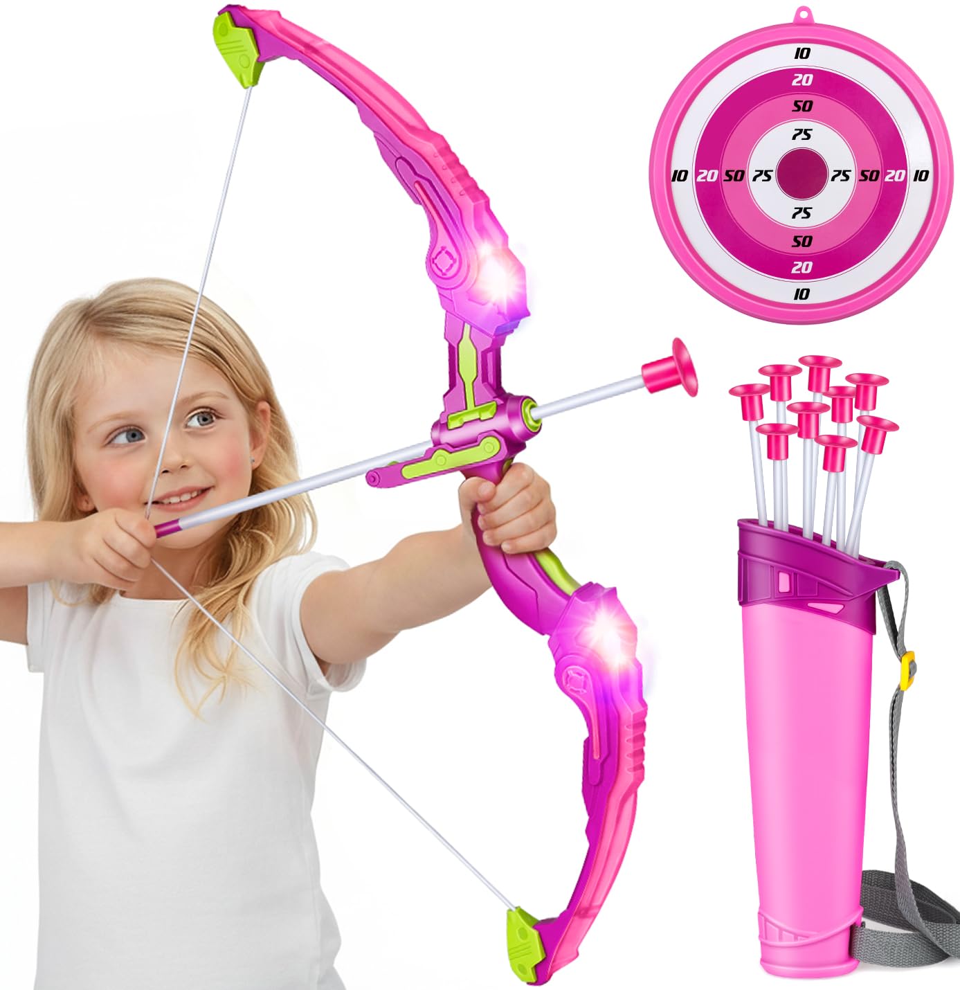 Own1one Bow and Arrow Set for Kids, 2 in 1 LED Light Up Archery Set Includes 1 Bow, 10 Suction Cup Arrows & 1 Quivers, Indoor Outdoor Toys Gifts for Girls Ages 4 5 6 7 8 Years Old (Pink)
