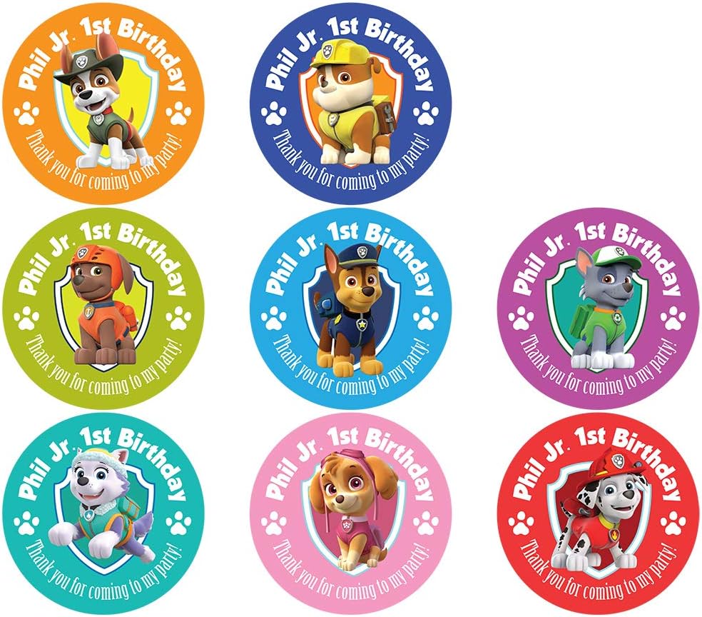 Set of 24 Personalized Paw Patrol Party Stickers for Gift Bag Party Favor Skye Chase Marshell Rocky (1.65" -24 Stickers)