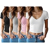 4 Pack Womens V Neck T-Shirts Short Sleeve Cotton Crop Tops Slim Fit Summer Basic Tee