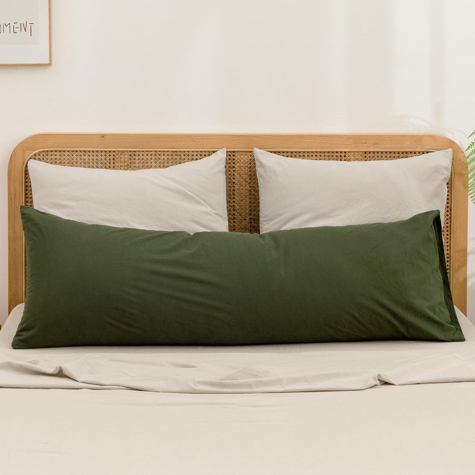 Photo 1 of BESTOUCH 100% Washed Cotton Pillowcase for Hair and Skin Linen Feel Soft Comfortable Breathable 1 Pcs Pillow Case with Envelope Closure Solid Olive Green Body 20x54 Inches