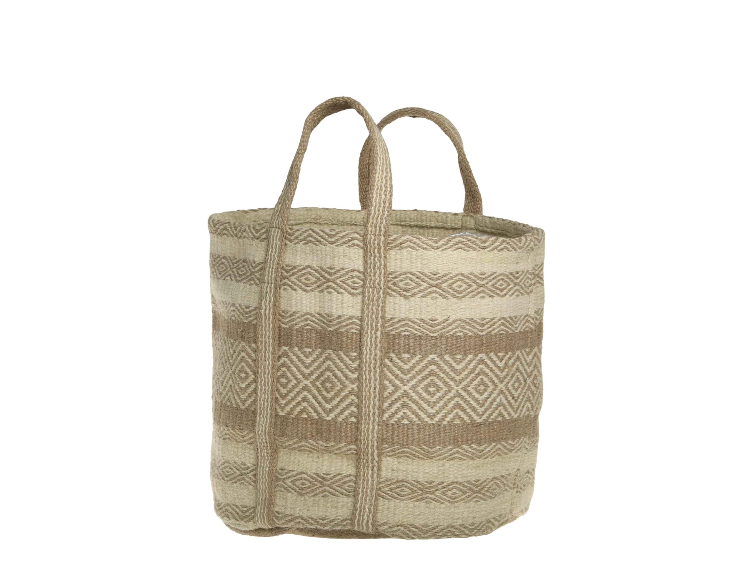 Handwoven Round Jute Basket in Natural & Cream - 40cm, Geometric Pattern, Sturdy Handles - Ideal for Storage & Home Decor