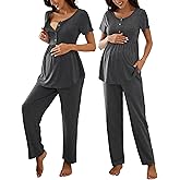JiniGolla Women's Maternity Nursing Pajama Set Breastfeeding Loungewear Mama Clothes Short Sleeve Top & Pants Pregnancy PJS