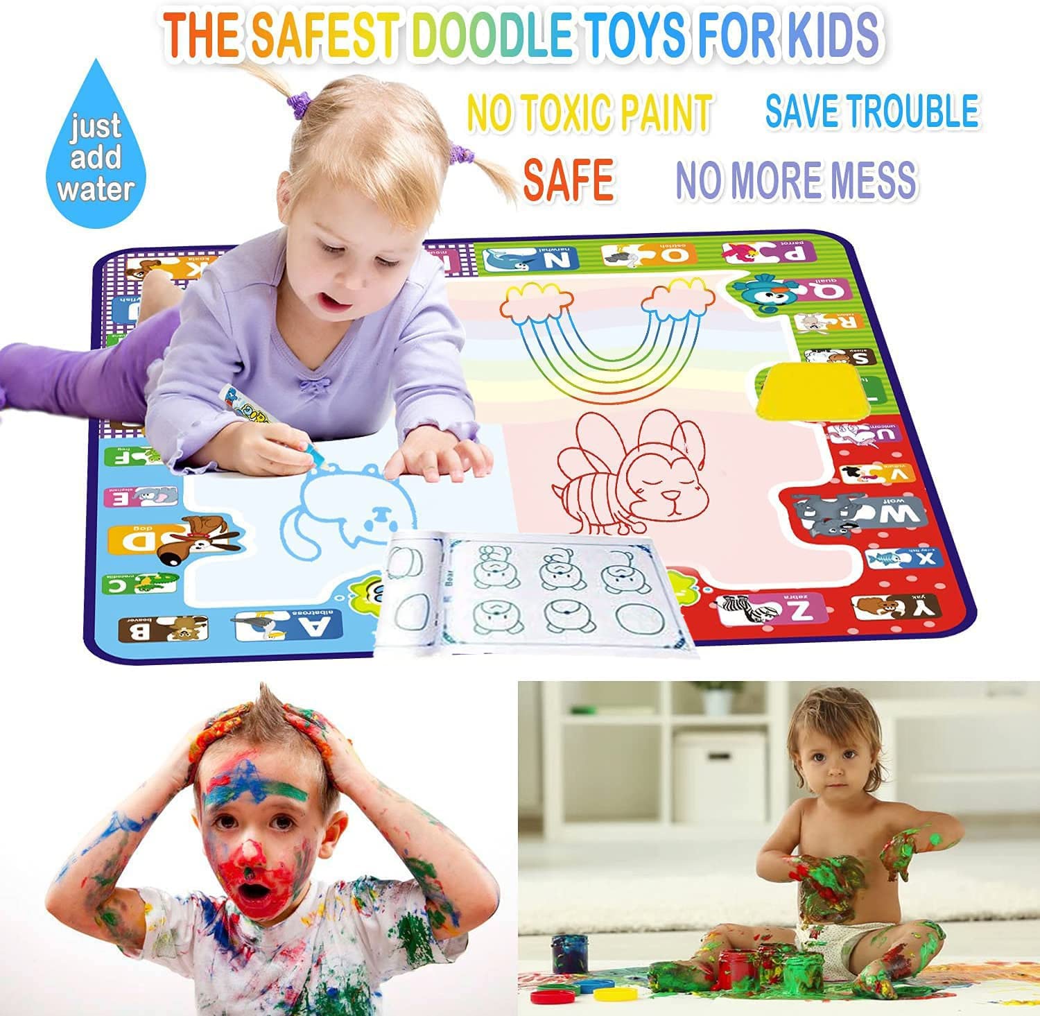KIZZYEA Toys for 2 3 4 5 Years Old Boys Girls, Water Doodle Mat for Kids, Large Coloring Painting Writing Mat with Neon Colors, Educational Toys Christmas Birthday Gifts for Age 2-4, 3-5 Toddlers