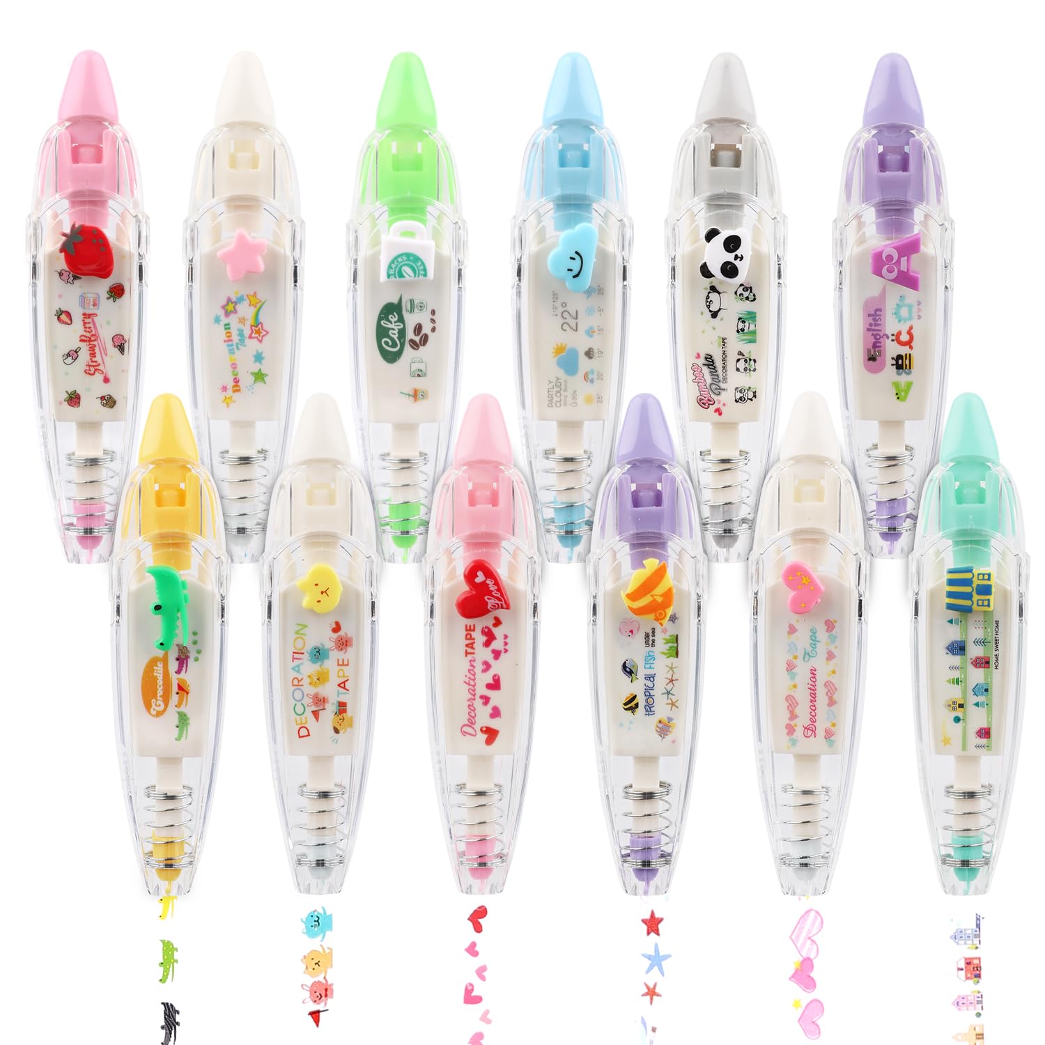 NQEUEPN Pack of 12 Decorative Tape Pen, Cute Animals Print Type Decorative Pen DIY Creative Cartoon Correction Tape for Boys Girls Gift Teacher Class Rewards (12 Themes)